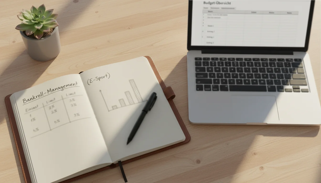 Bankroll Management für Esport-Wetten — Notizbuch mit Einsatzplanung auf einem Schreibtisch