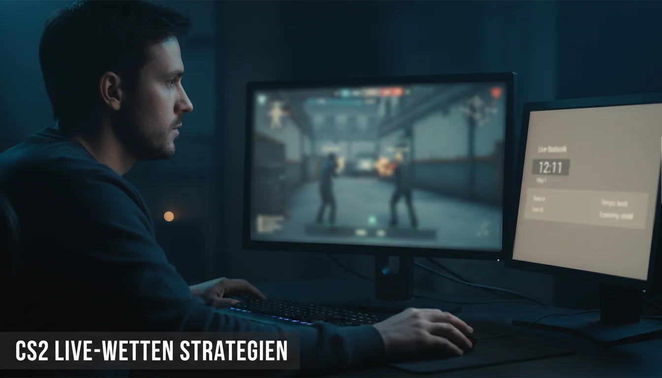 CS2 Live-Wetten Strategien — Spieler verfolgt Counter-Strike-Match auf dem Monitor in Echtzeit