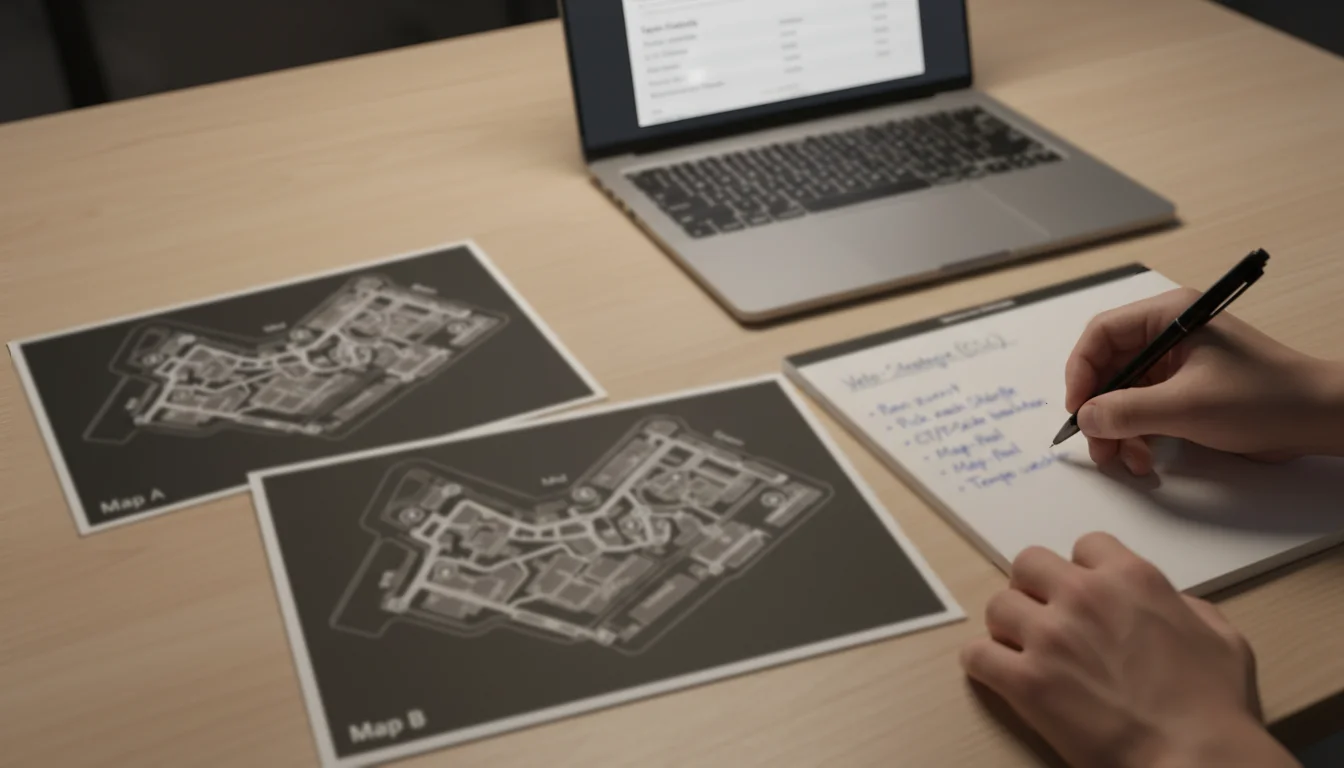 CS2 Map-Wetten Strategie — Taktikbrett mit Map-Übersicht auf einem Schreibtisch