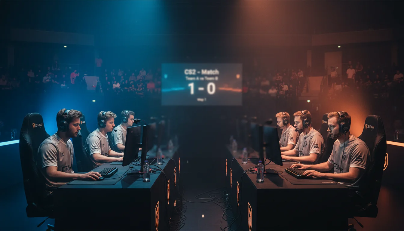 CS2 Match Winner Wetten — Zwei Esport-Teams stehen sich auf der Bühne gegenüber