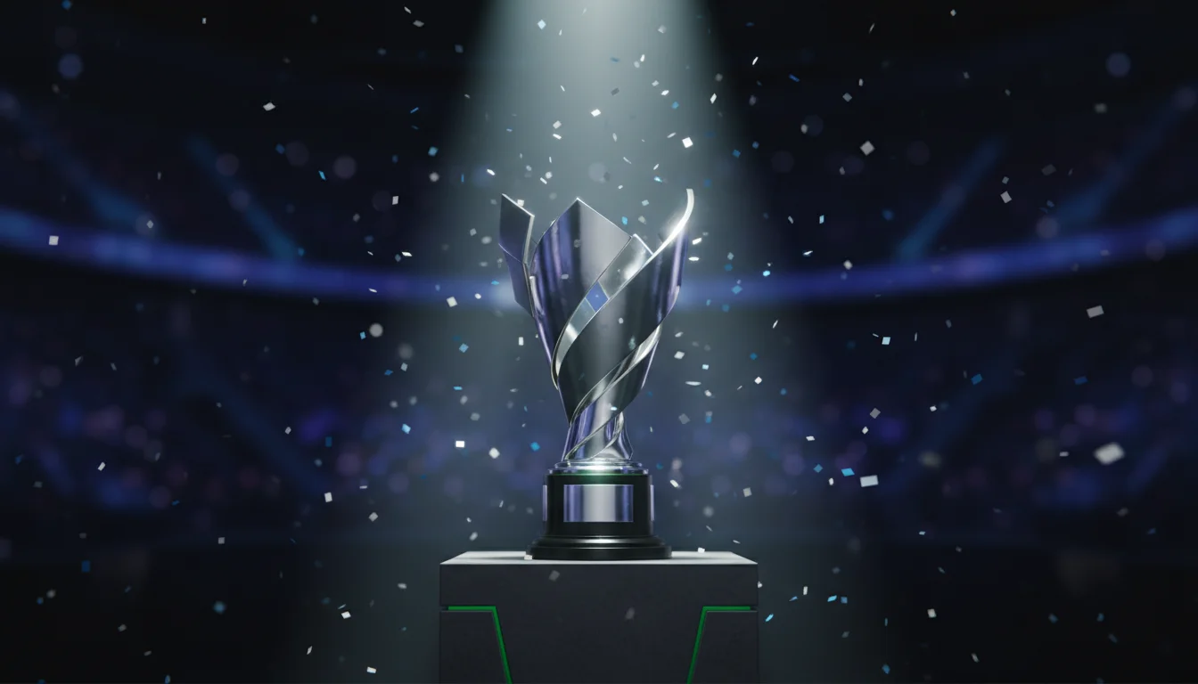 CS2 Outright-Wetten — Pokal auf einer Esport-Turnierbühne mit Scheinwerferlicht