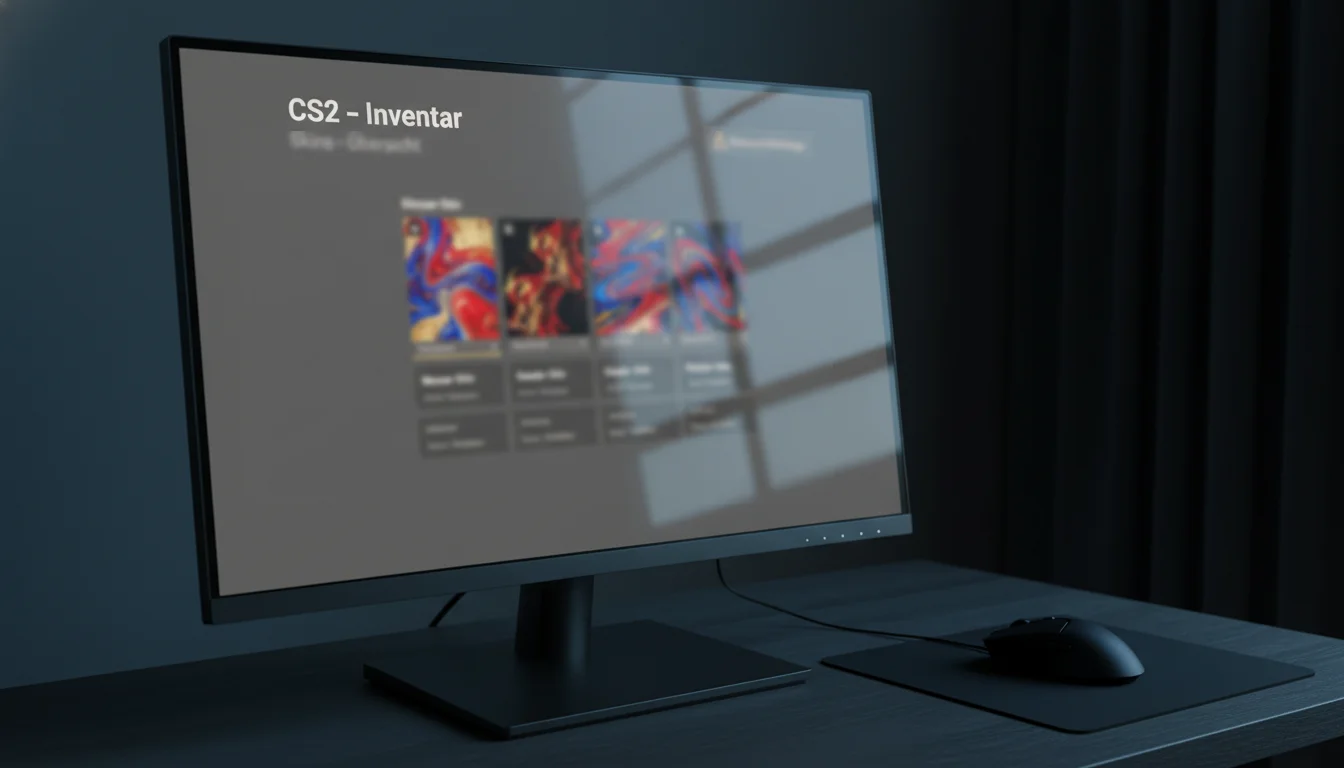 CS2 Skin Wetten — Nahaufnahme eines Steam-Inventars mit bunten Waffen-Skins auf einem Monitor