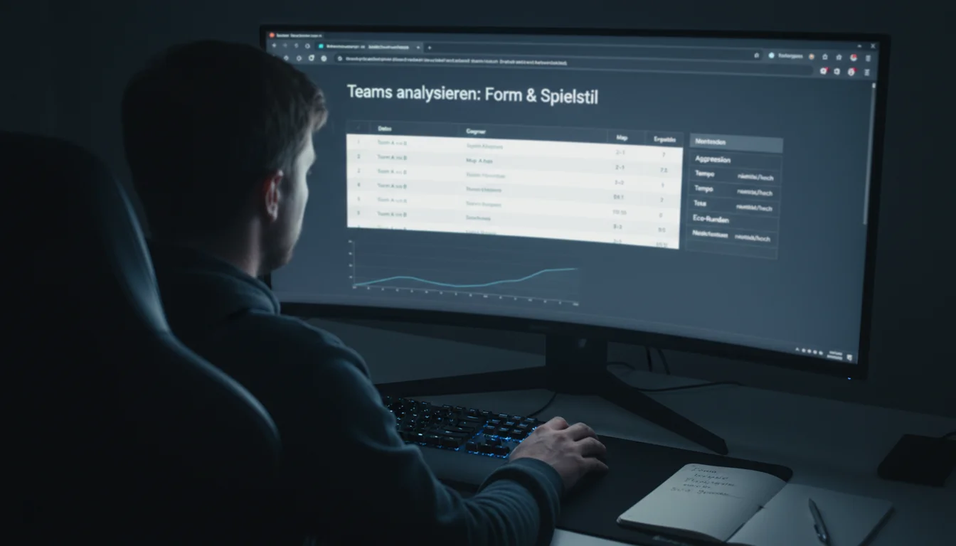 CS2 Teams analysieren — Analyst studiert Teamstatistiken auf einem großen Monitor