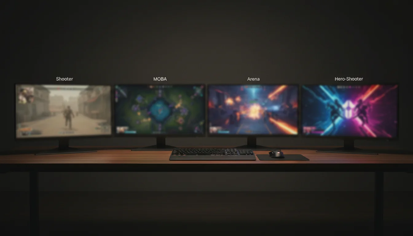 CS2 im Vergleich mit anderen Esport-Wetten — Vier Monitore zeigen verschiedene Esport-Titel nebeneinander