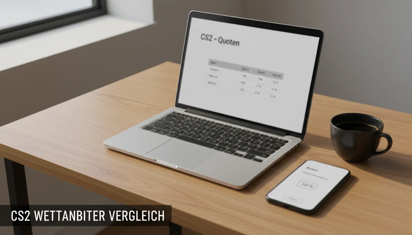 CS2 Wettanbieter Vergleich — Laptop mit geöffneter Sportwetten-Plattform und Quotenübersicht