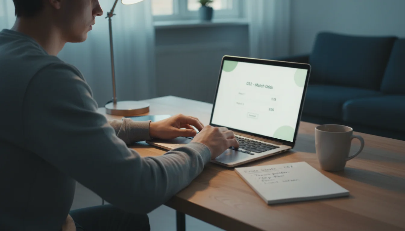 CS2 Wetten für Anfänger — Spieler platziert seine erste Esport-Wette am Laptop