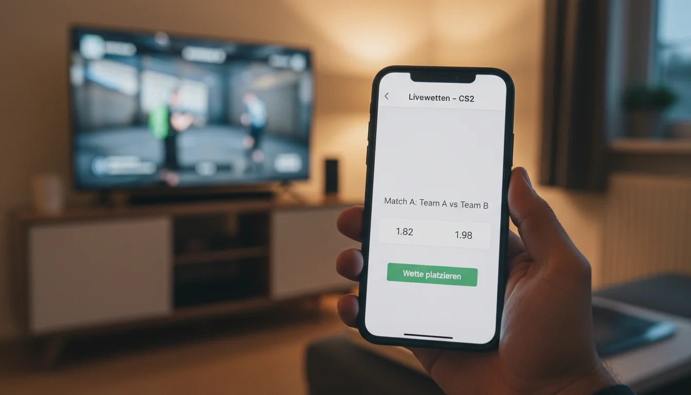 CS2 Wetten per App — Hand hält ein Smartphone mit einer geöffneten Esport-Wetten-App
