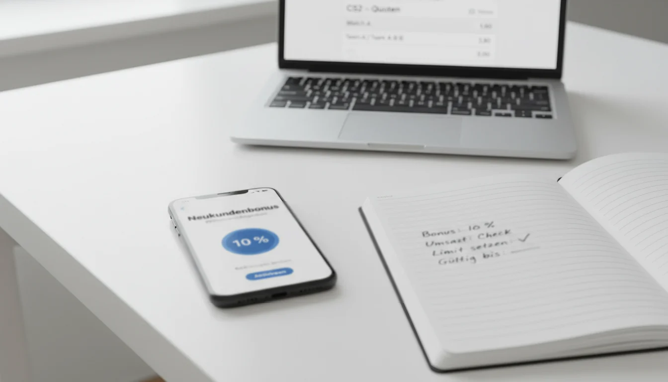 CS2 Wetten Bonus — Smartphone zeigt ein Bonusangebot auf einer Wett-App neben einem Laptop