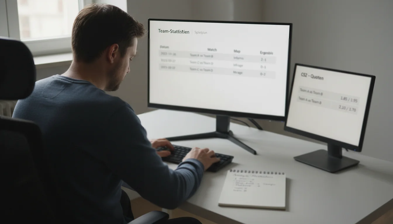 CS2 Wett-Tipps — Analyst arbeitet an einem Schreibtisch mit geöffneten HLTV-Statistiken auf dem Bildschirm