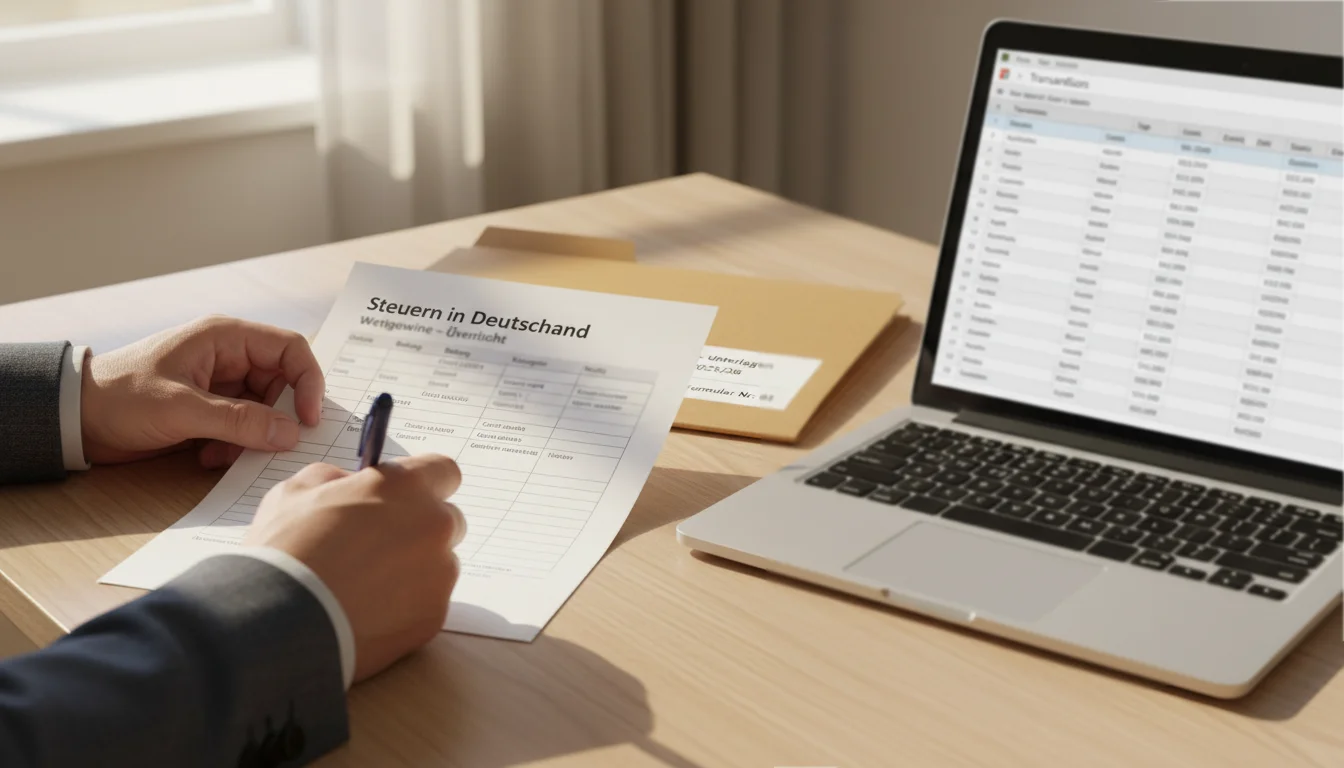 CS2 Wettgewinne und Steuern — Person prüft Dokumente mit einem Stift neben einem Laptop