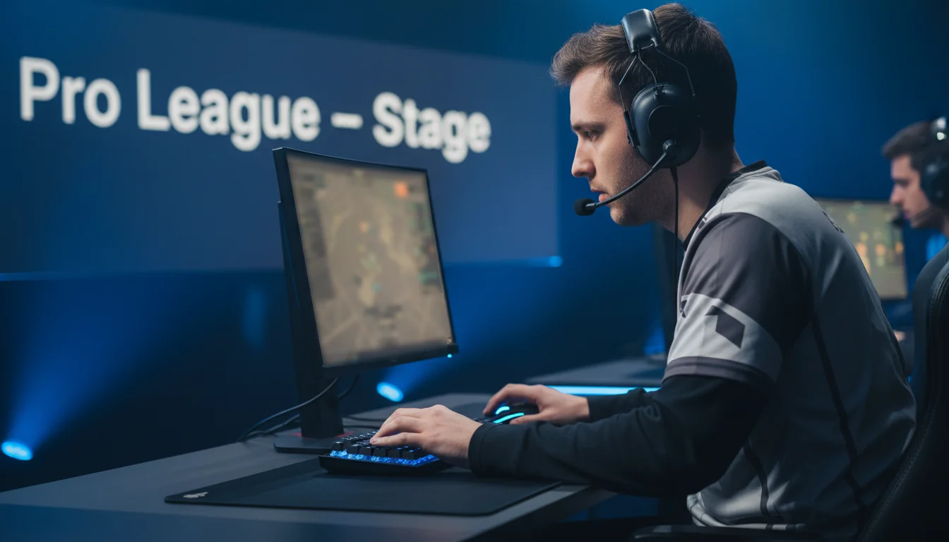 ESL Pro League Wetten — Spieler am Computer bei einem ESL-Turnier mit Teamlogo