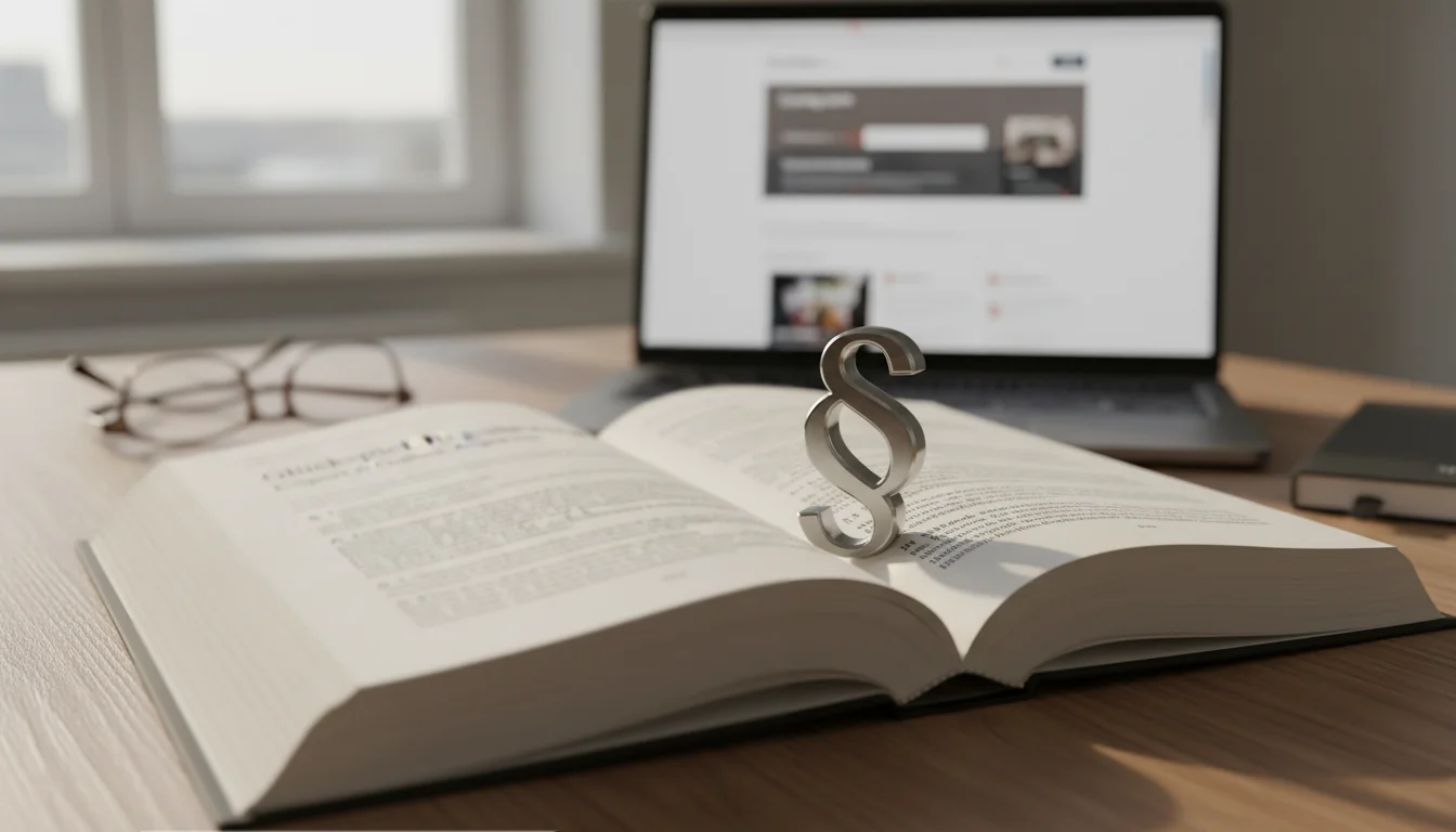 Glücksspielstaatsvertrag und Esport — Paragrafensymbol vor dem Hintergrund eines Gesetzbuches auf einem Schreibtisch