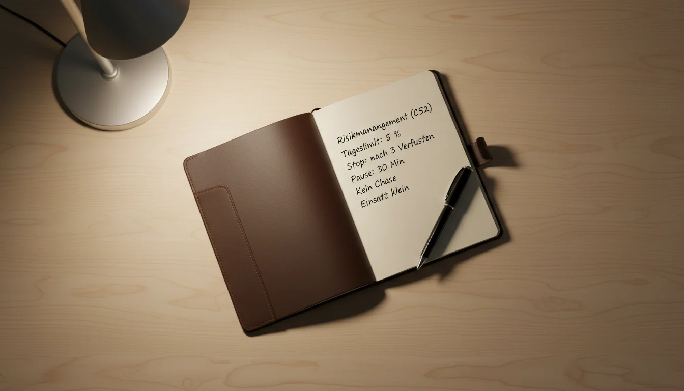 Risikomanagement bei CS2 Wetten — Notizbuch mit Stop-Loss-Regeln und einem Stift auf einem aufgeräumten Schreibtisch