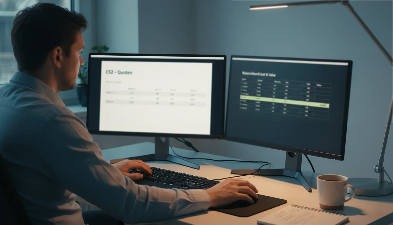 Value Bets bei CS2 — Analytiker vergleicht Quoten auf zwei Bildschirmen